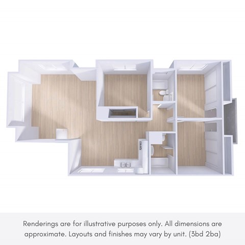 A 3D rendering of a small apartment layout.